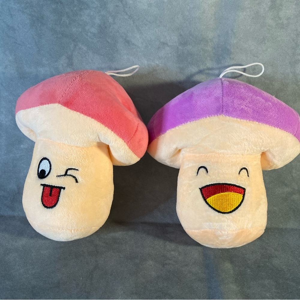 Mushroom Plush Duo Pink & Purple Hanging‎ Display Happy Face Office Car Deco